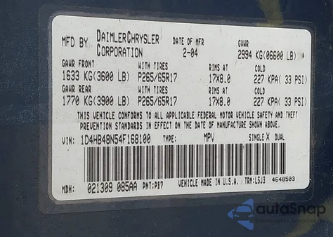2004 Dodge Durango Slt z USA, uszkodzony, nr VIN 1D4HB48N54F168100